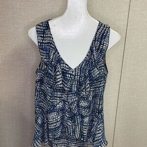 Blue and White Patterned Sleeveless Top with ruffles